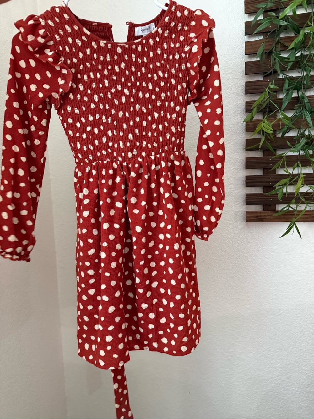 Speechless burnt orange Red Long-Sleeve Smocked Polka Dot Dress